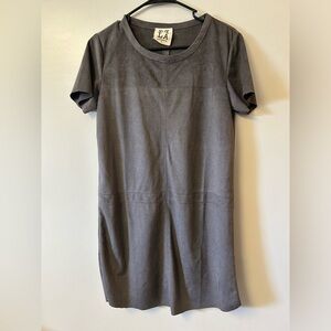 PPLA Uli knit charcoal midi dress with drop waist and rough cut sleeves and hem